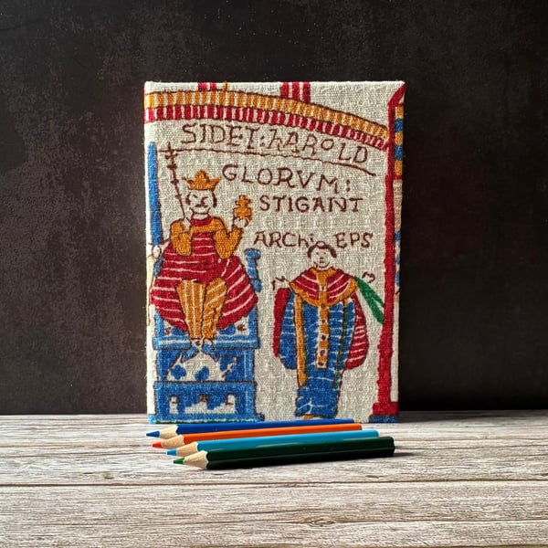 Bayeux Tapestry Handstitched A6 1950s Fabric Journal Notebook Harold Rex Yellow