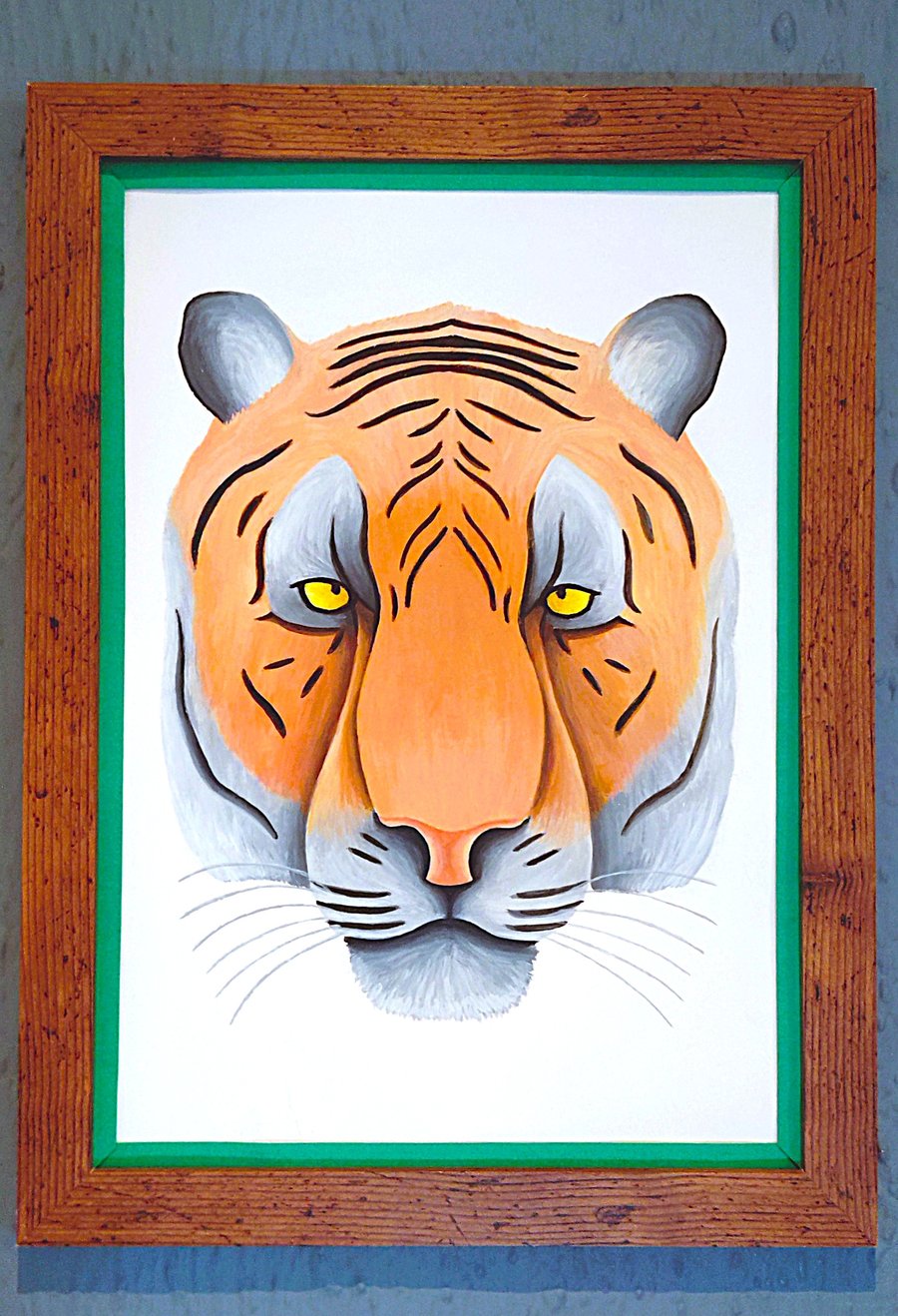 Handmade Unique Framed A3 Print Colourful Tiger Head Green Border Wallart Gift