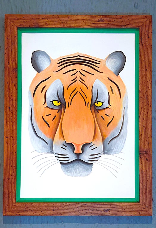 Handmade Unique Framed A3 Print Colourful Tiger Head Green Border Wallart Gift