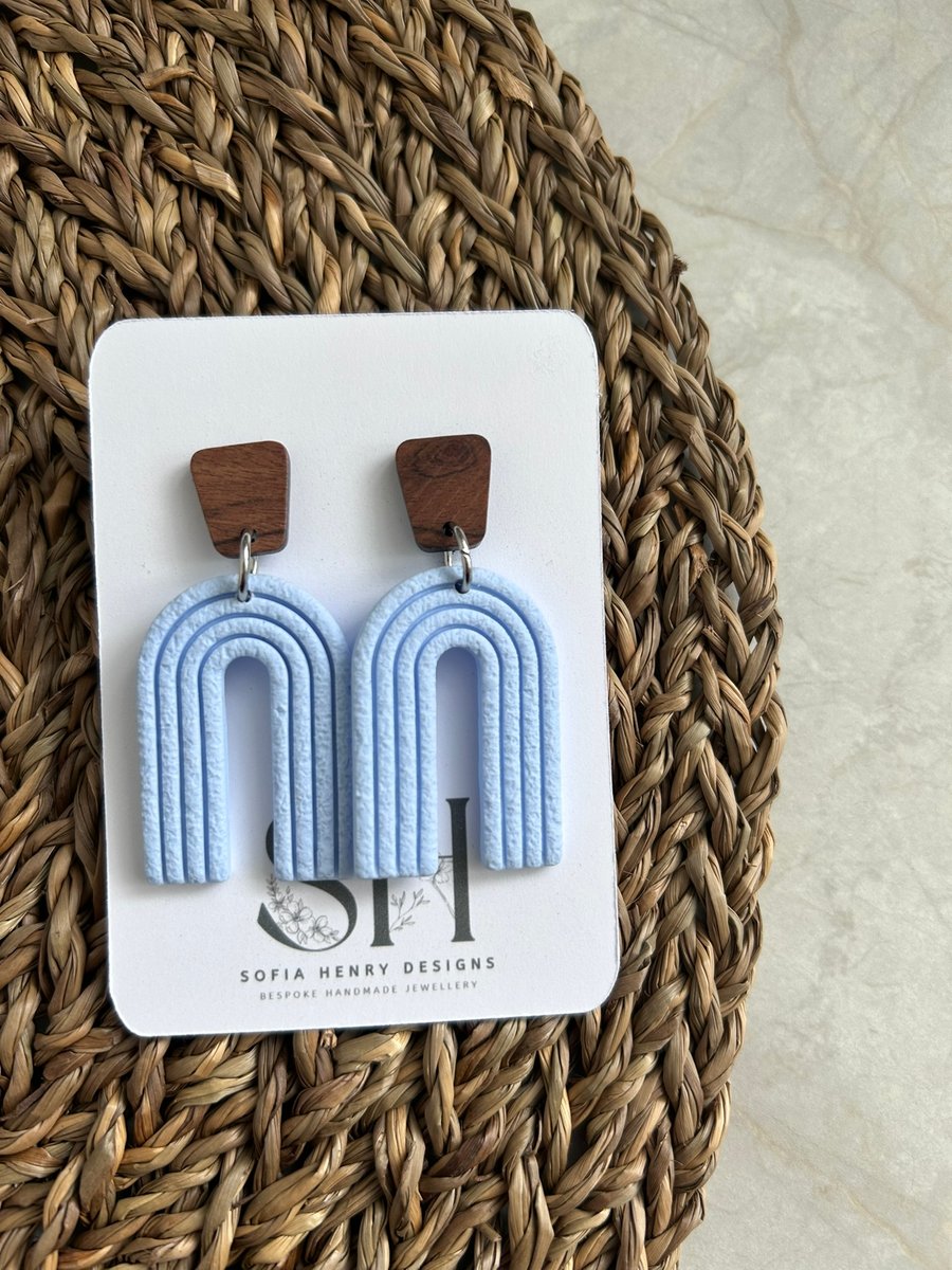Boho Statement Jewellery - Textured Pastel Blue Rainbow Arch Earrings 