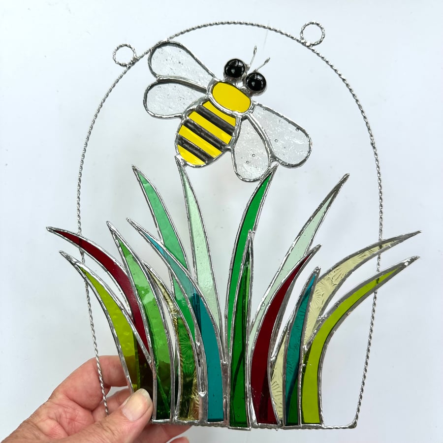 Stained Glass Bee over Grass Suncatcher - Handmade Window Decoration 