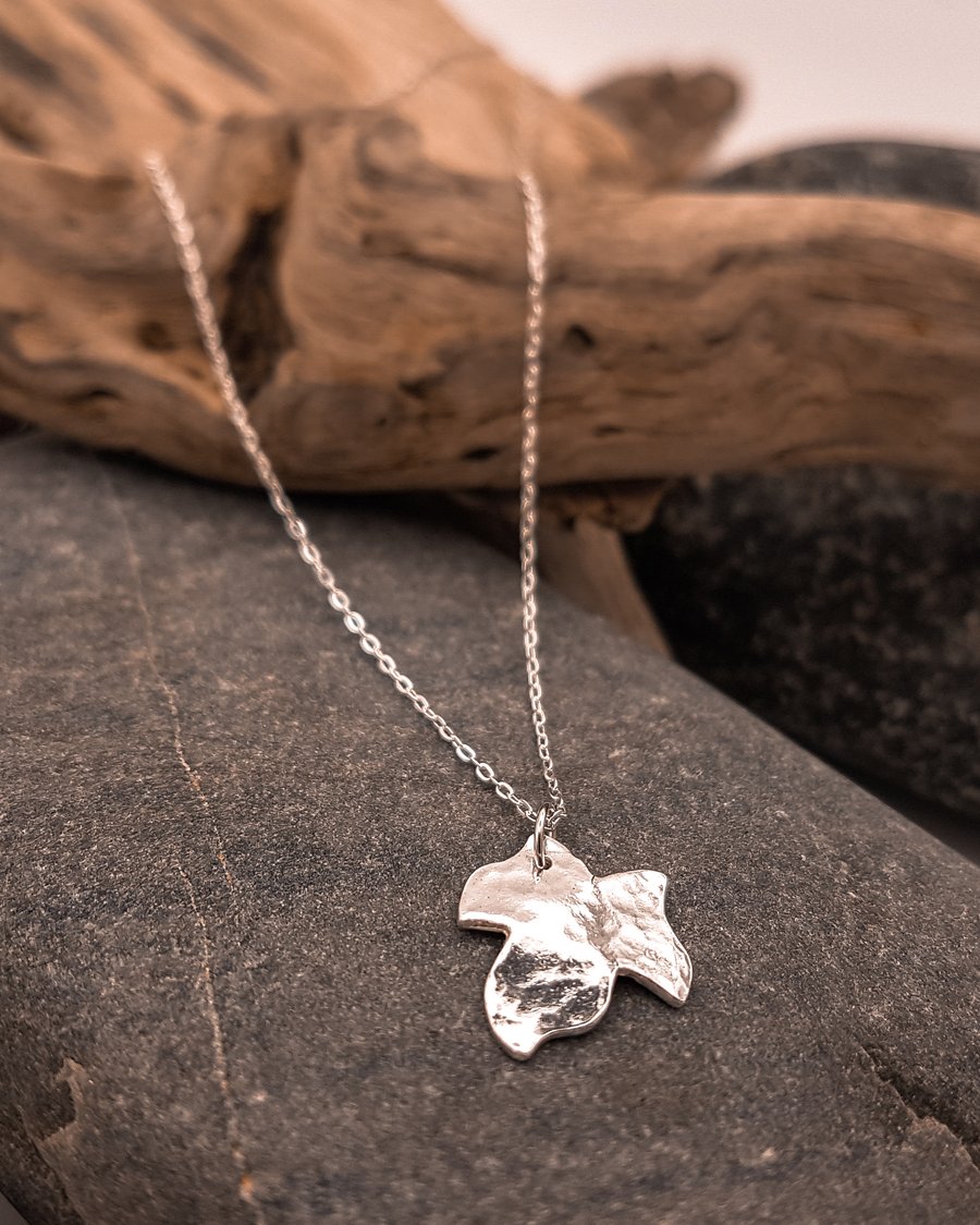 Delicate fine silver ivy leaf pendant necklace and sterling silver chain