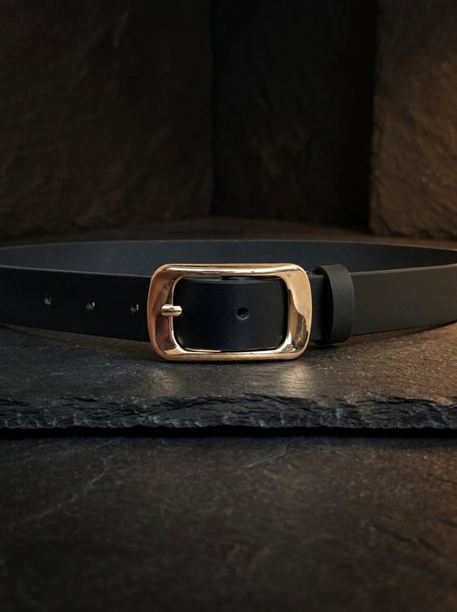 Black Full Grain Leather Belt Gold-Tone Rectangular Buckle Womens Belt 25mm