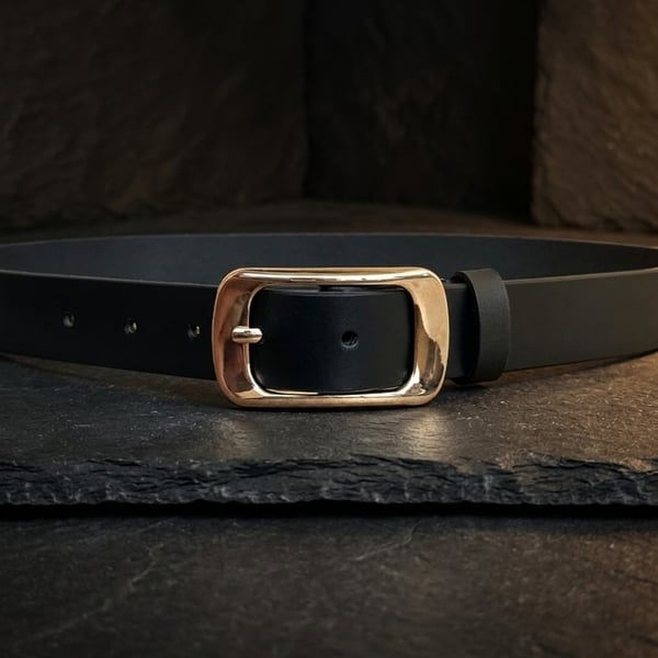 Black Full Grain Leather Belt Gold-Tone Rectangular Buckle Womens Belt 25mm