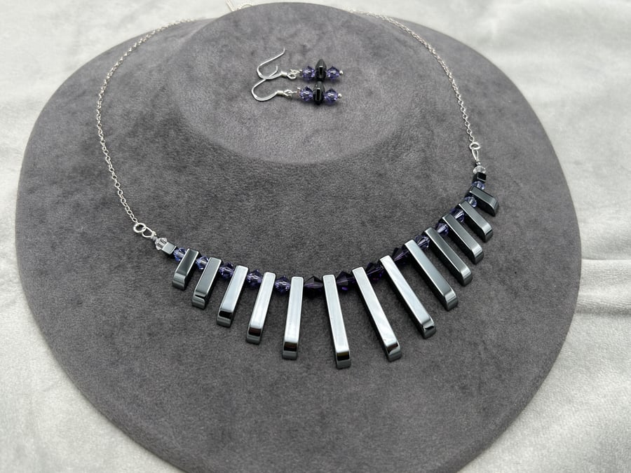Haematite and purple Swarovski crystal fan necklace and earring set