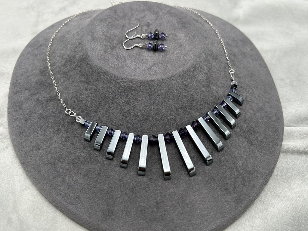 Haematite and purple Swarovski crystal fan necklace and earring set