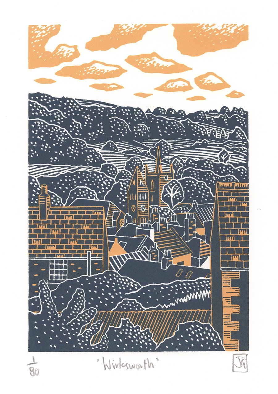 Wirksworth 2-colour A4 linocut screenprint