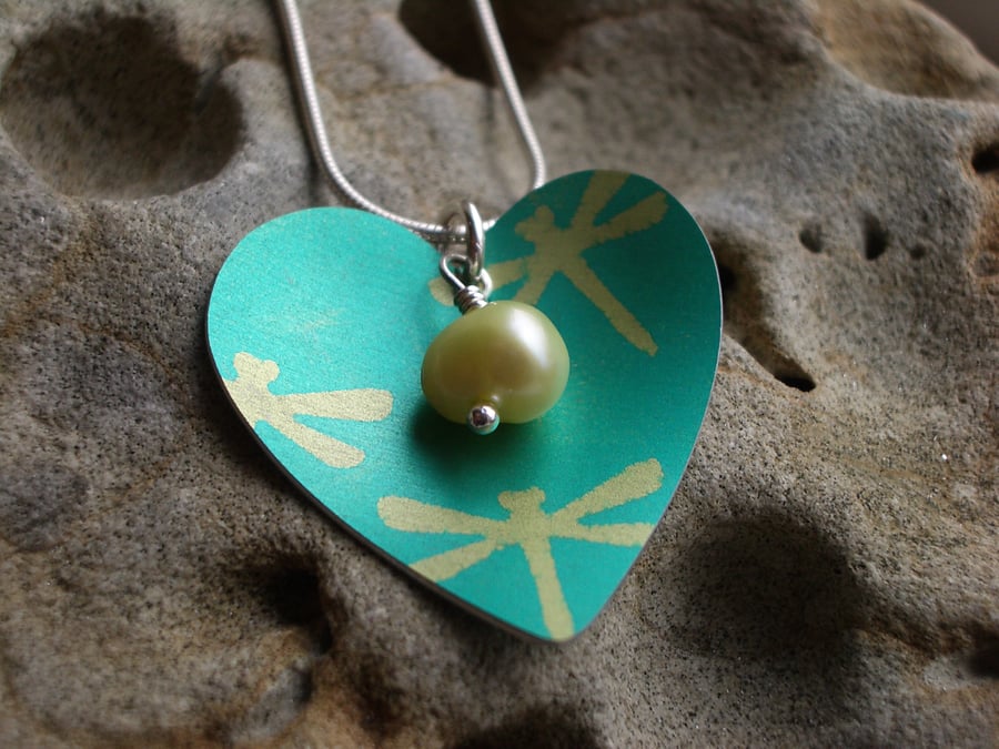 Dragonfly heart pendant in green and yellow
