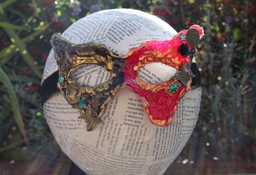 Gold, Red and Black Butterfly and Charm Masquerade Steampunk Costume Mask