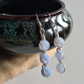 Handmade 925 Silver & Light Blue Crackled Agate Drop Dangle Earrings Gift Boxed 