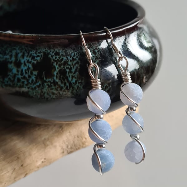 Handmade 925 Silver & Light Blue Crackled Agate Drop Dangle Earrings Gift Boxed 