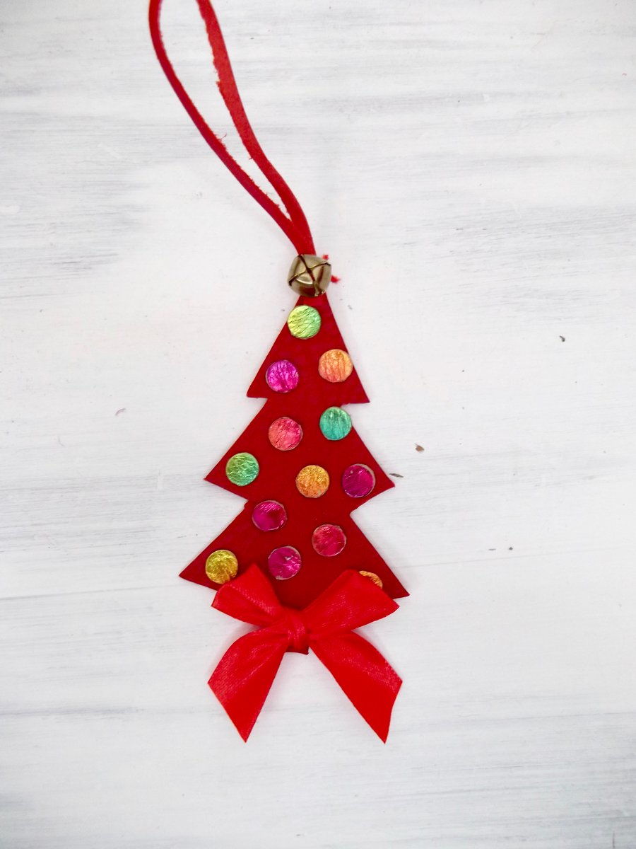 Leather Christmas Tree Decoration, Red Leather and Metallic Leather Baubles