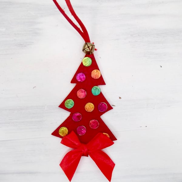 Leather Christmas Tree Decoration, Red Leather and Metallic Leather Baubles