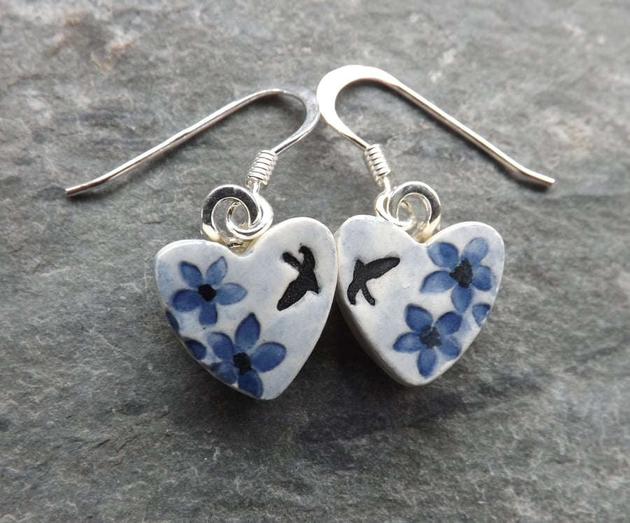 Summer Garden heart-shaped ceramic and sterling silver drop earrings in blue