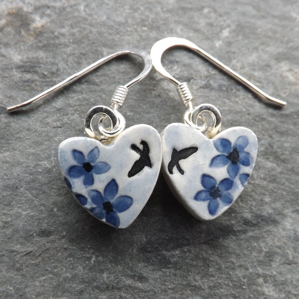 Summer Garden heart-shaped ceramic and sterling silver drop earrings in blue