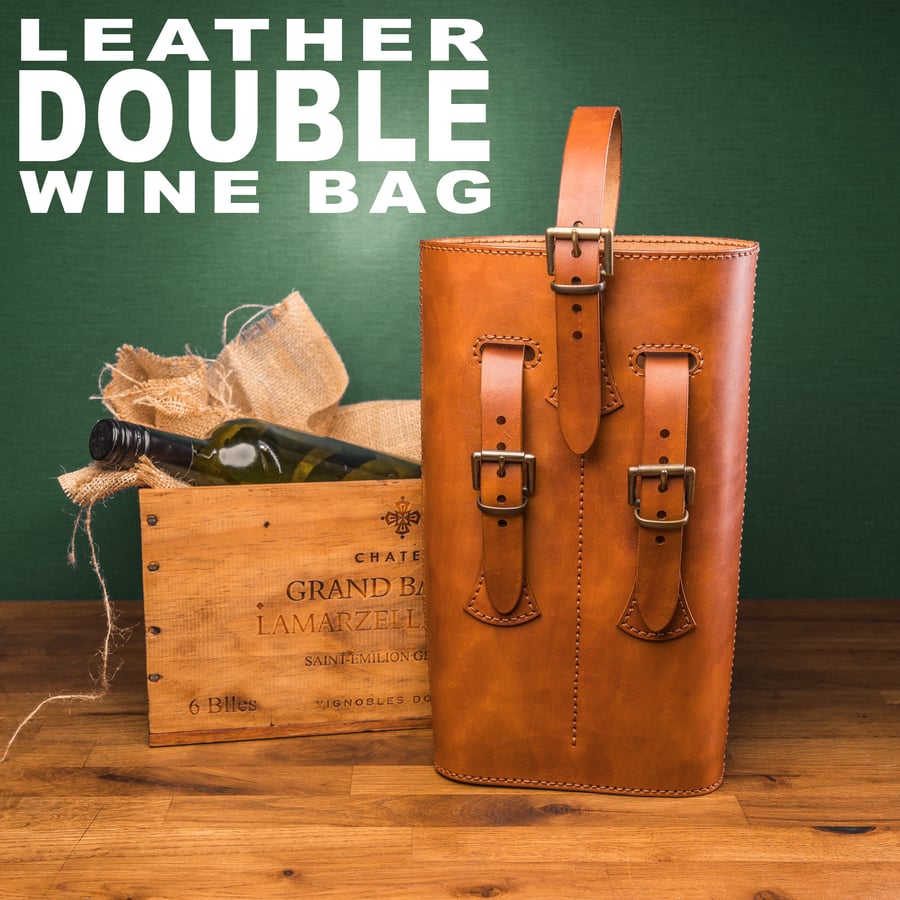 Handmade Leather Double Wine Bottle Holder – Full-Grain Vegetable-Tanned Leather