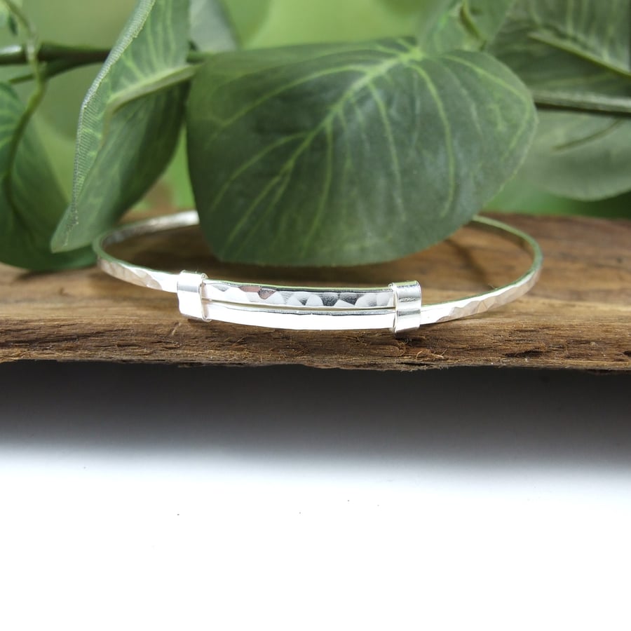 Sterling Silver Adjustable Fit Bangle. Hammered Bracelet. Ladies Size M-L