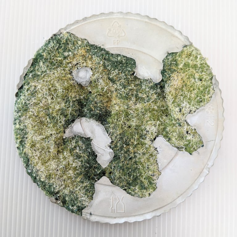 Global 2 green round concrete textile plaque - sculpture recycled materials 