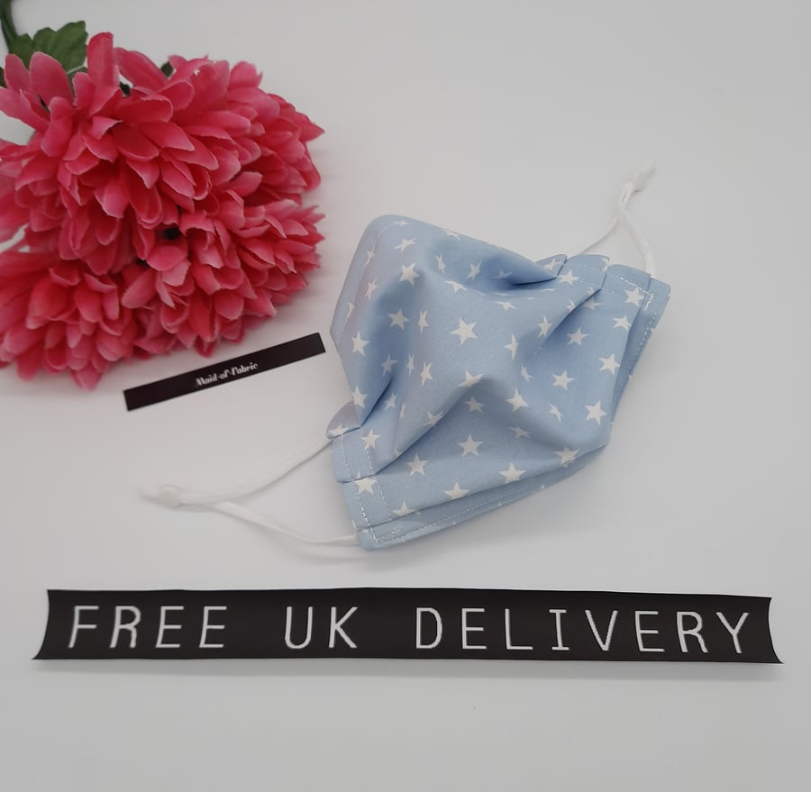 Face mask,  small,  3 layer,  adjustable, washable in blue stars cotton fabric 