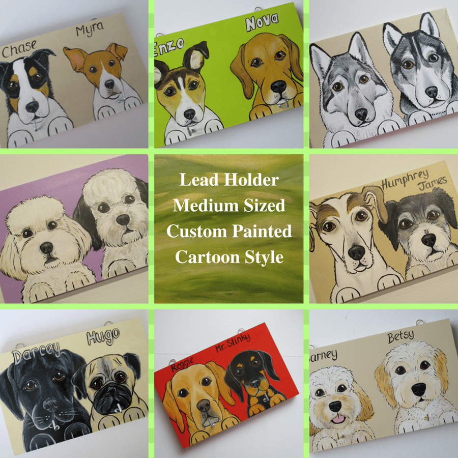 Medium Lead Hanger Dog Collar and lead Hand Painted Pet Portrait Personalised 