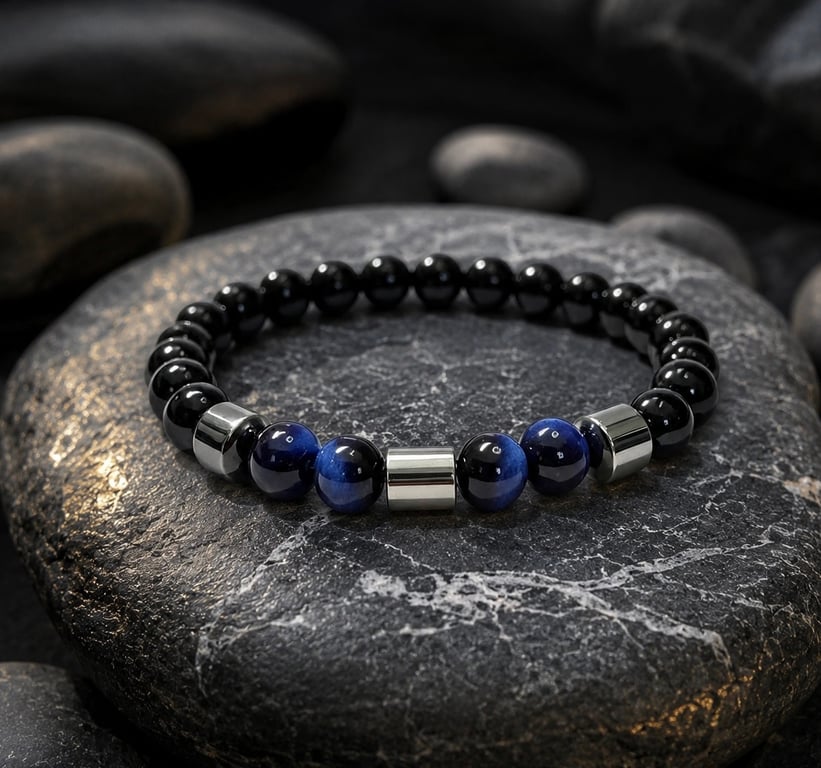 Men’s Black Onyx, Blue Tiger Eye & Hematite Bracelet – 19 cm – 8 mm Beads