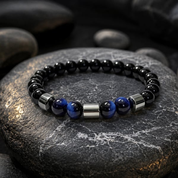 Men’s Black Onyx, Blue Tiger Eye & Hematite Bracelet – 19 cm – 8 mm Beads