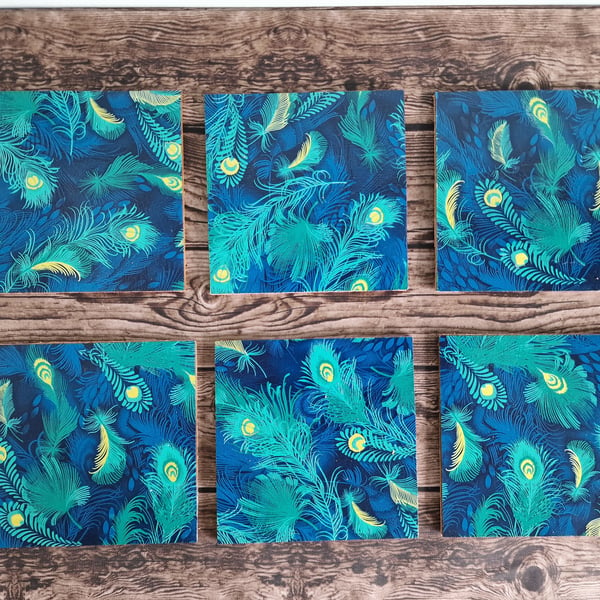 Peacock Design Decoupage coasters set of 6