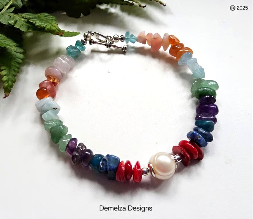 Artisan Stone Chakra Nugget & Baroque Freshwater Culture Pearl Bracelet 