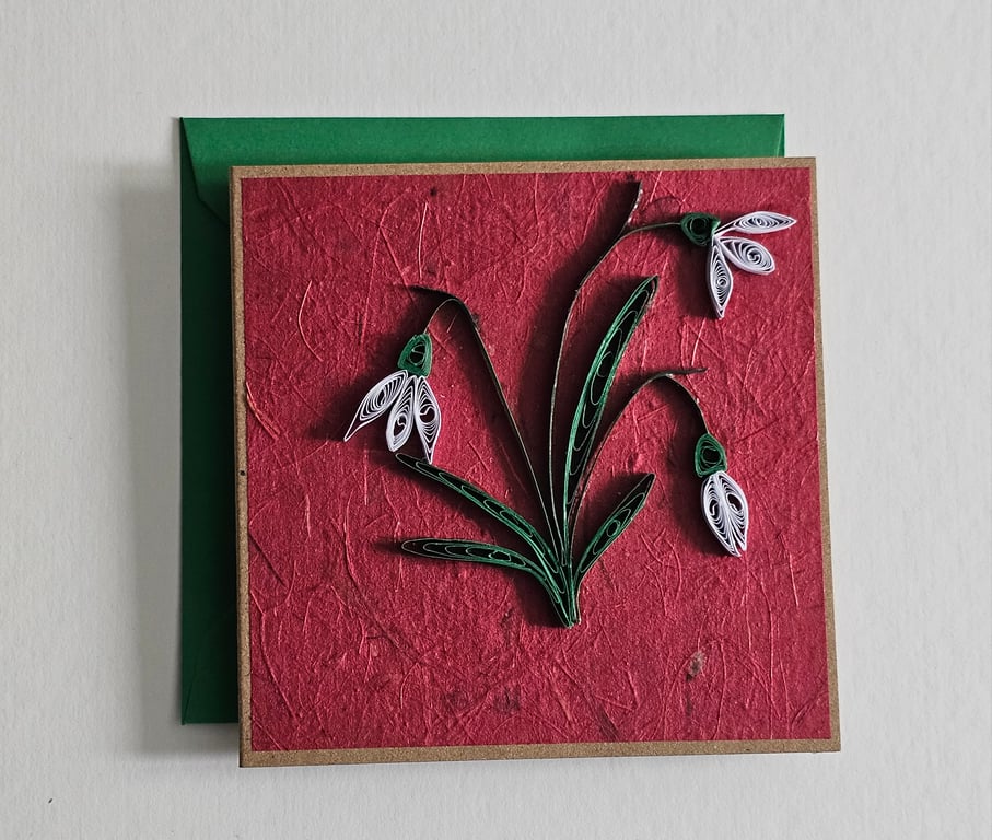 Quilled Snowdrops Blank Handmade Card Size 5" x 5" 