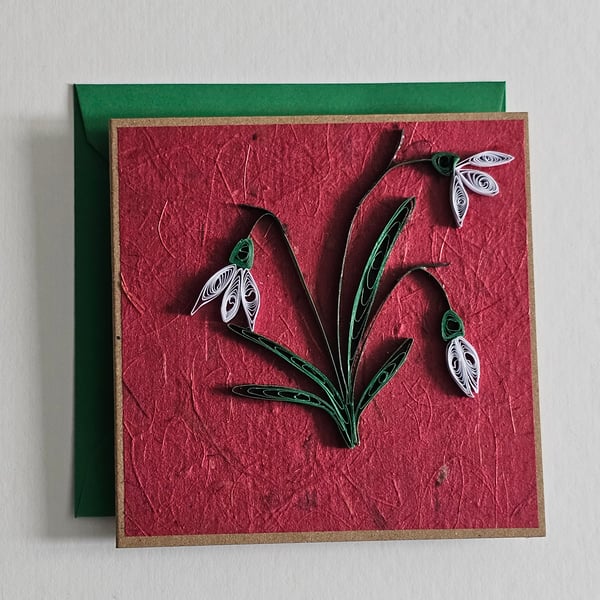 Quilled Snowdrops Blank Handmade Card Size 5" x 5" 