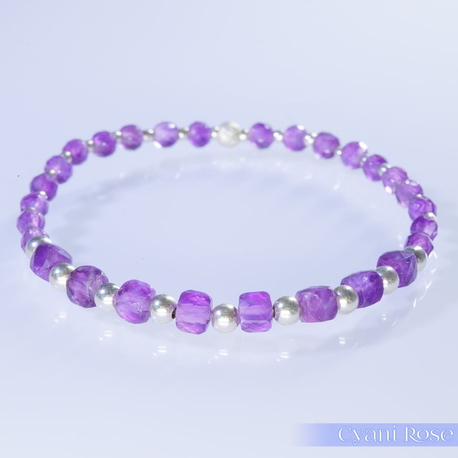 Bracelet Sterling Silver & Amethyst February birthstone purple handmade stretch