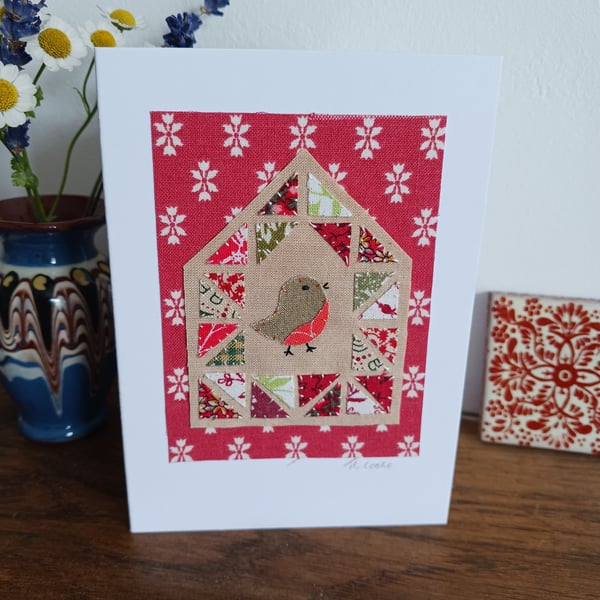 Patchwork Robin hand stitched Christmas card - CLEARANCE
