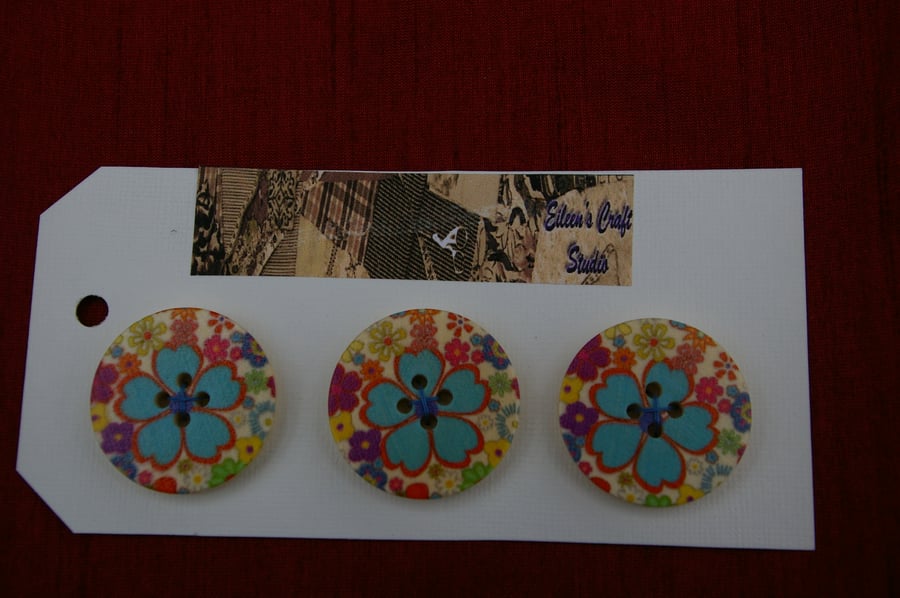 Wooden Buttons Set of 3 with Blue Flower Design