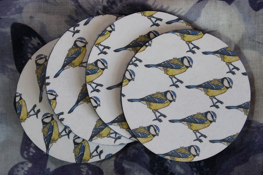 SALE ITEM - Blue-tit Pattern Handmade Wooden Round Drinks Coaster