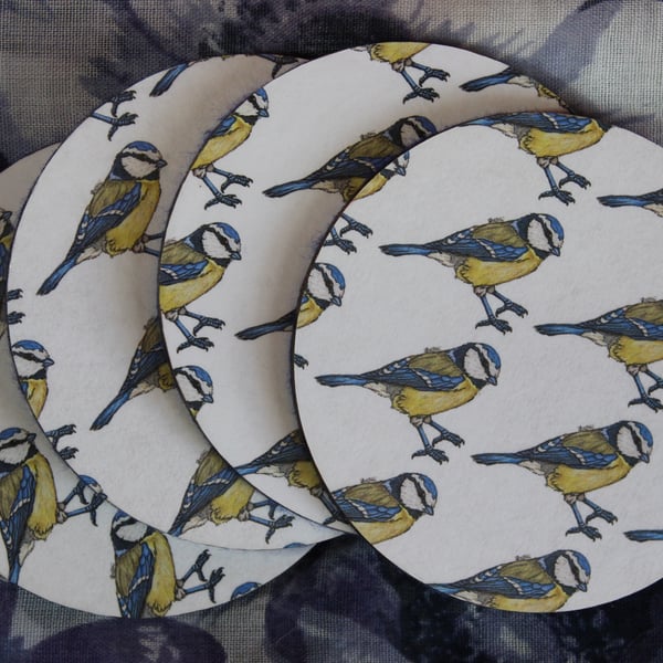 SALE ITEM - Blue-tit Pattern Handmade Wooden Round Drinks Coaster