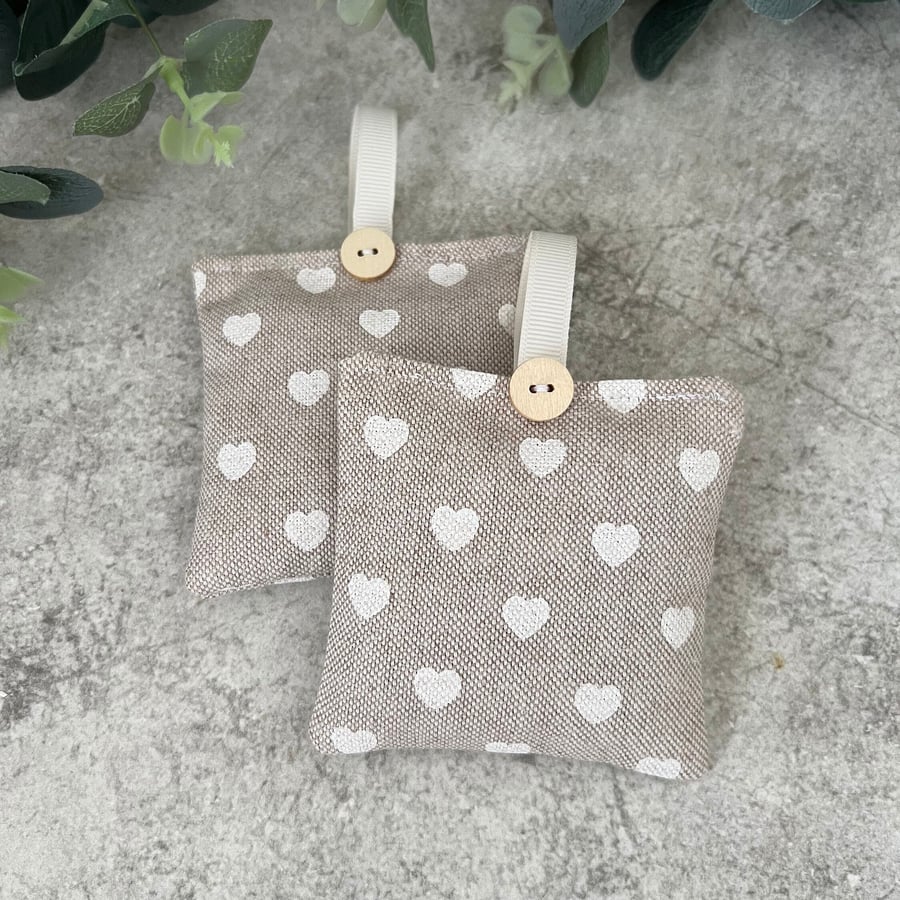 Set of 2 Lavender Sachets: Beige Hearts Fabric Design, New Home, Sleep Pillows