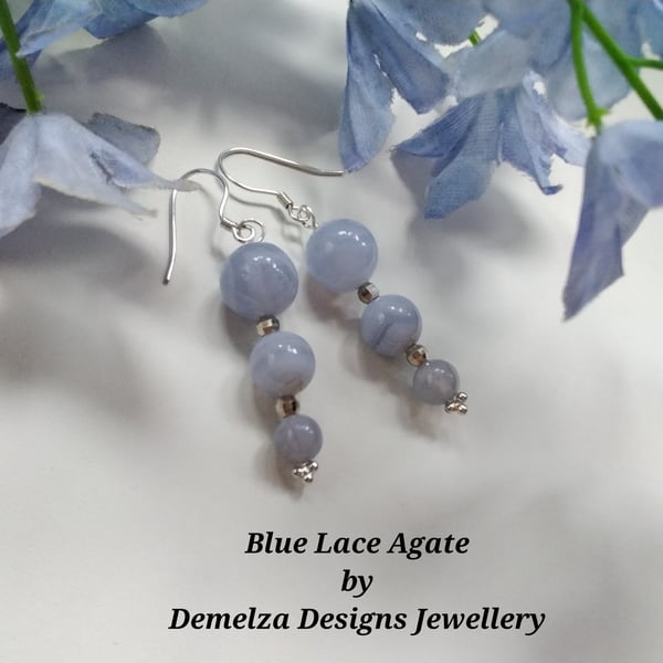 Natural 22.95ct  Blue Lace Agate Sterling Silver Earrings 