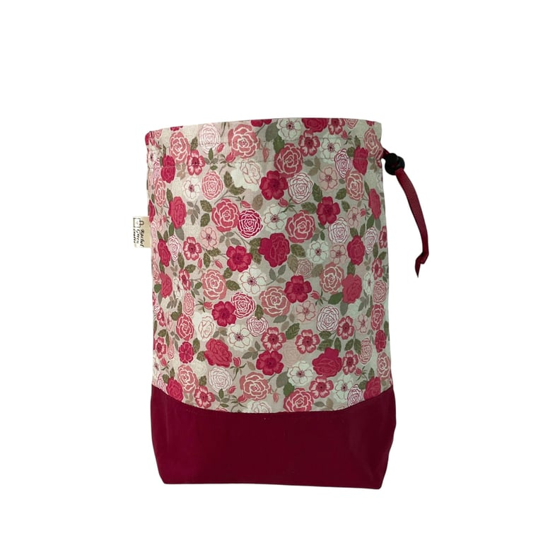 two at a time knitting bag with floral  print, drawstring divided pouch, 