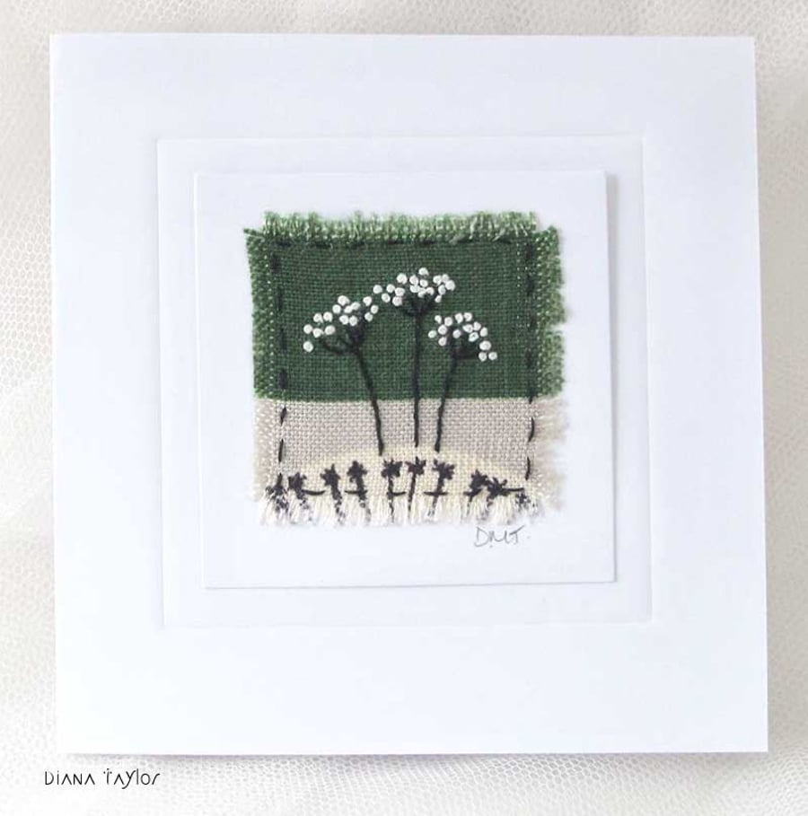 HAND EMBROIDERED GREETING CARD VINTAGE FABRIC UMBELLIFERS