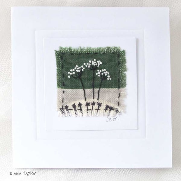 HAND EMBROIDERED GREETING CARD VINTAGE FABRIC UMBELLIFERS