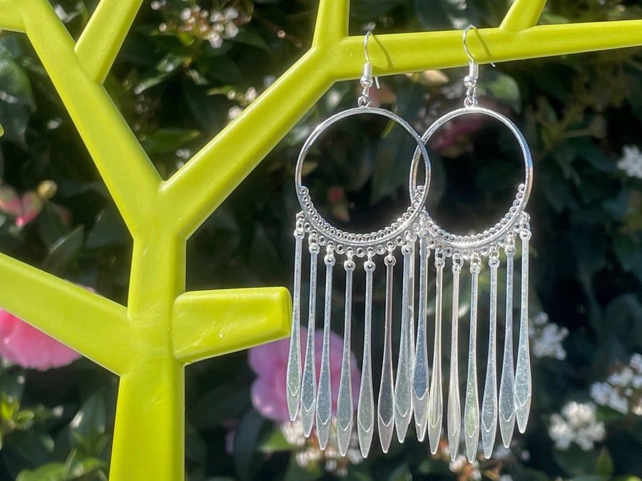 BOHO FRINGE HOOPS fringed earrings tassel drop dangle silver plated kitsch retro