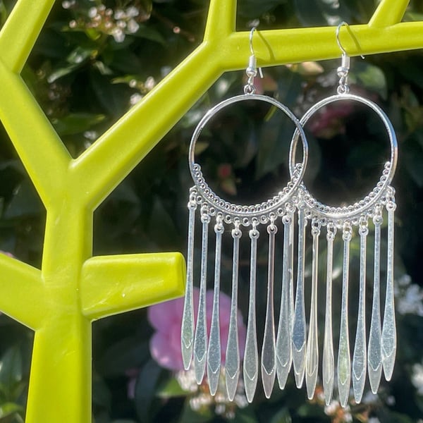 BOHO FRINGE HOOPS fringed earrings tassel drop dangle silver plated kitsch retro