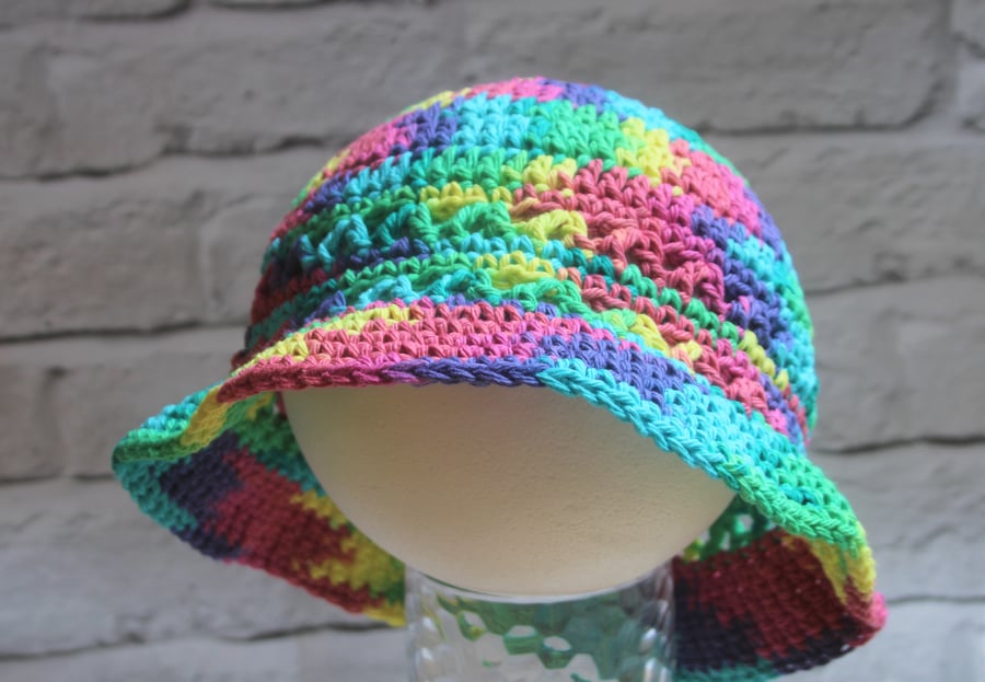 Girls Rainbow Coloured Sun Hat - Primary Colours - Sizes 9 Months - 12 Years