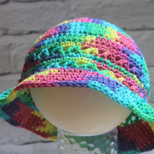 Girls Rainbow Coloured Sun Hat - Primary Colours - Sizes 9 Months - 12 Years