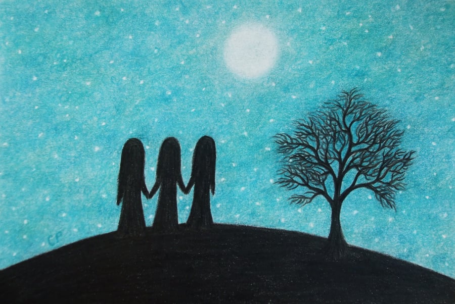 Three Sisters Card, Moon Stars, Friends Silhouette, Spiritual Art, Friendship