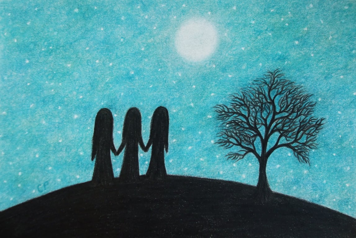 Three Sisters Card, Moon Stars, Friends Silhouette, Spiritual Art, Friendship
