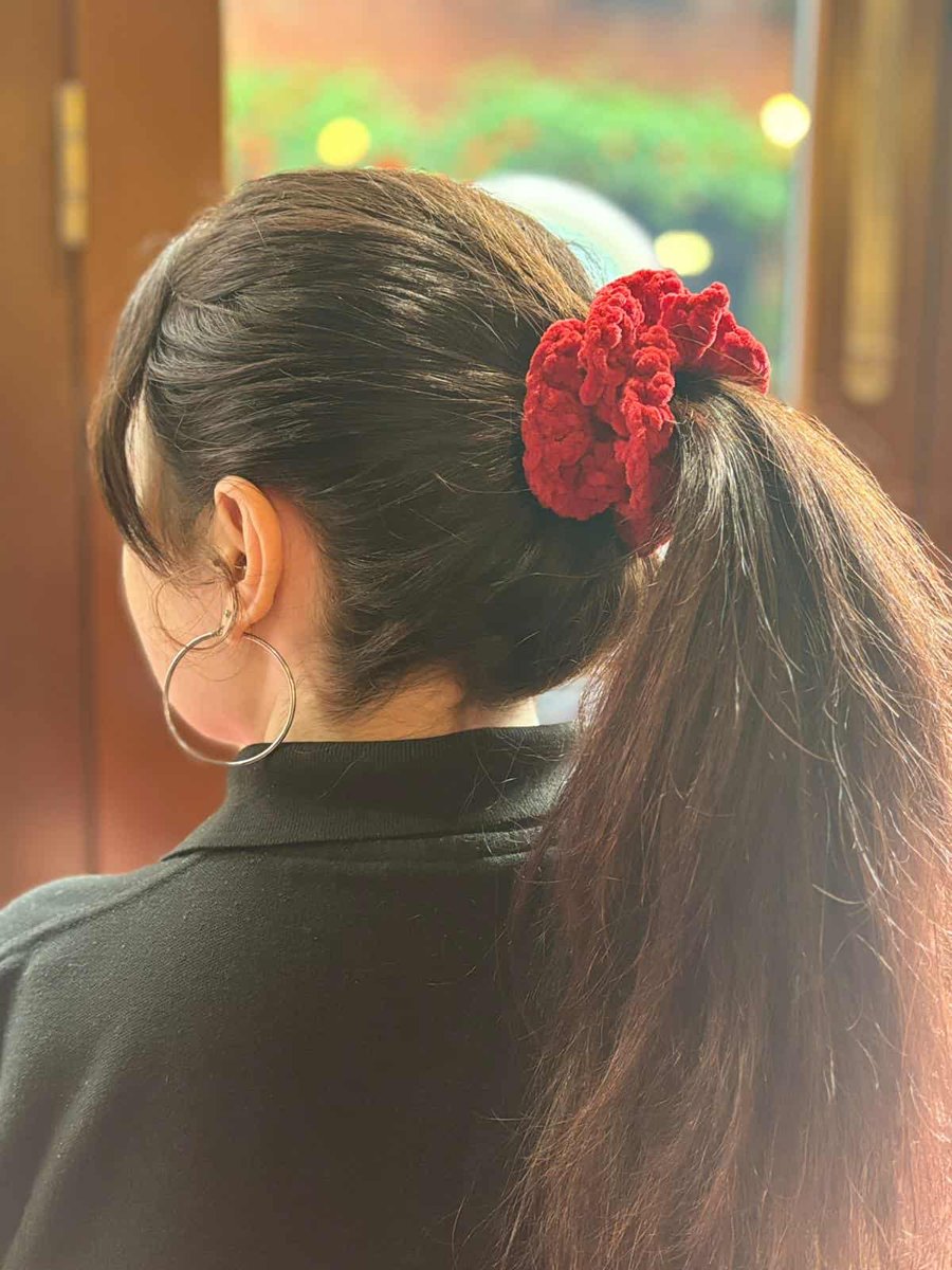 Handmade Red Crocheted Ruffle Scrunchie