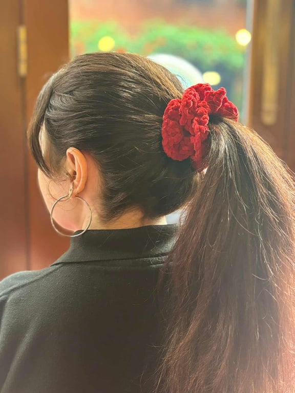 Handmade Red Crocheted Ruffle Scrunchie