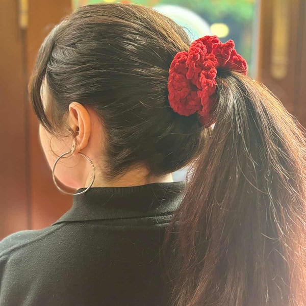 Handmade Red Crocheted Ruffle Scrunchie
