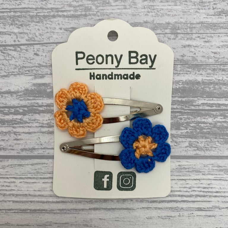 Girl’s hair clips, peach & blue flower hair clips